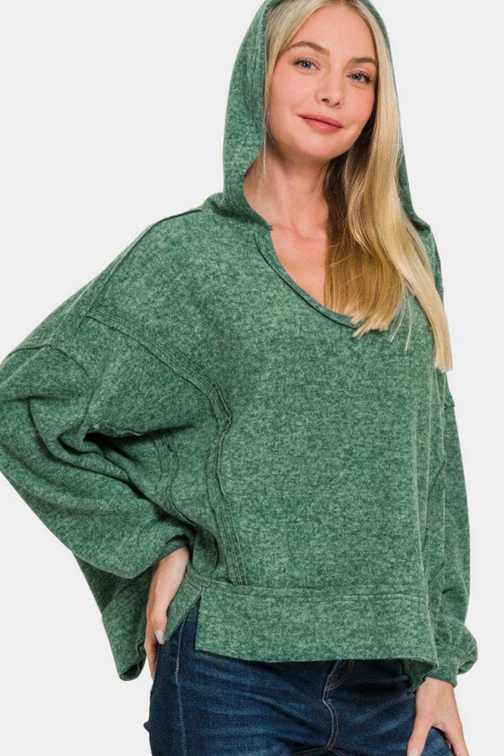 Zenana Brushed Hacci Exposed Seam Hoodie - Trendsi - Flyclothing LLC