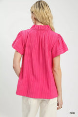 Umgee Texture Flutter Sleeve Notched Blouse - Trendsi - Flyclothing LLC