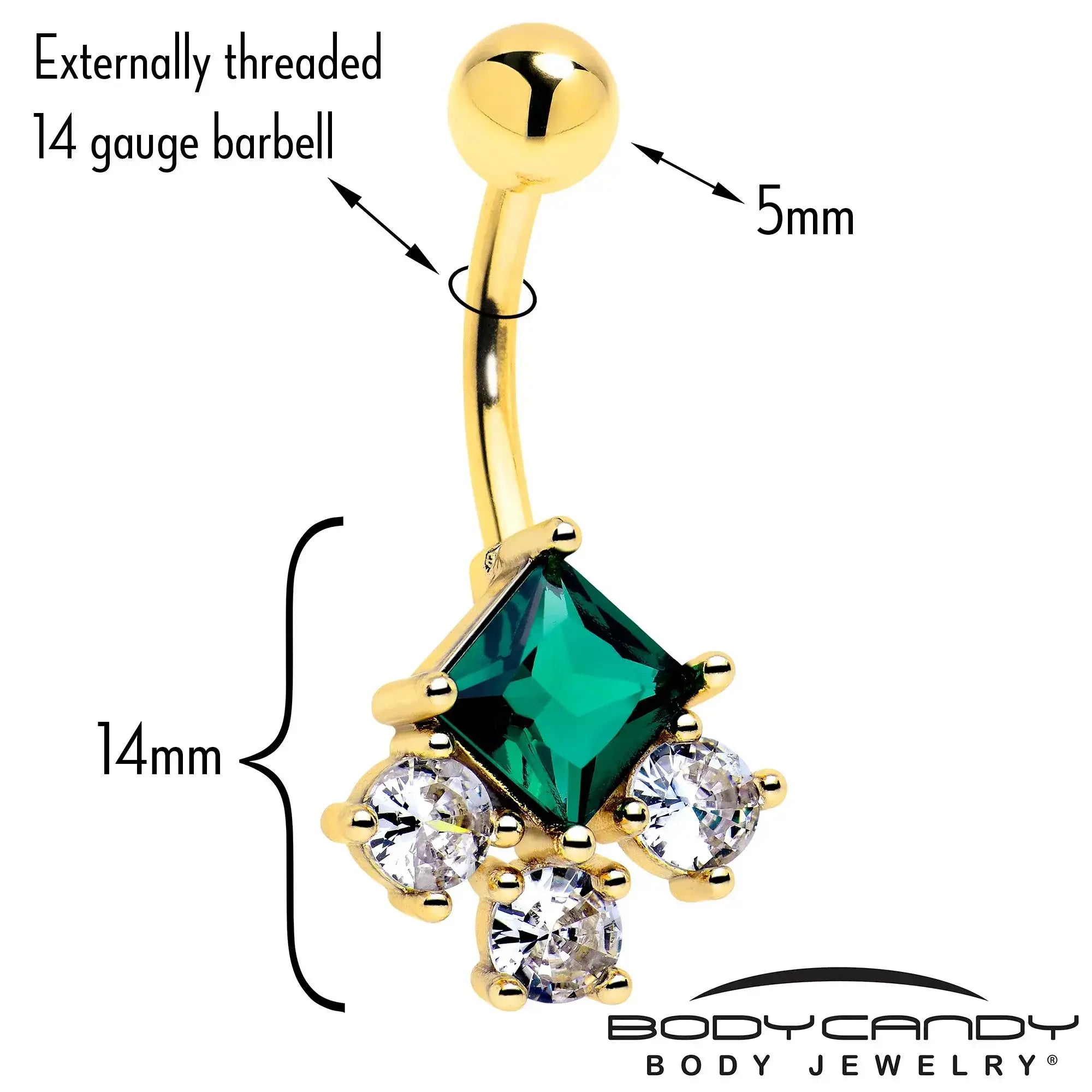 Green Clear CZ Gem Gold Tone Rhombus Riot Belly Ring - BodyCandy - Flyclothing LLC