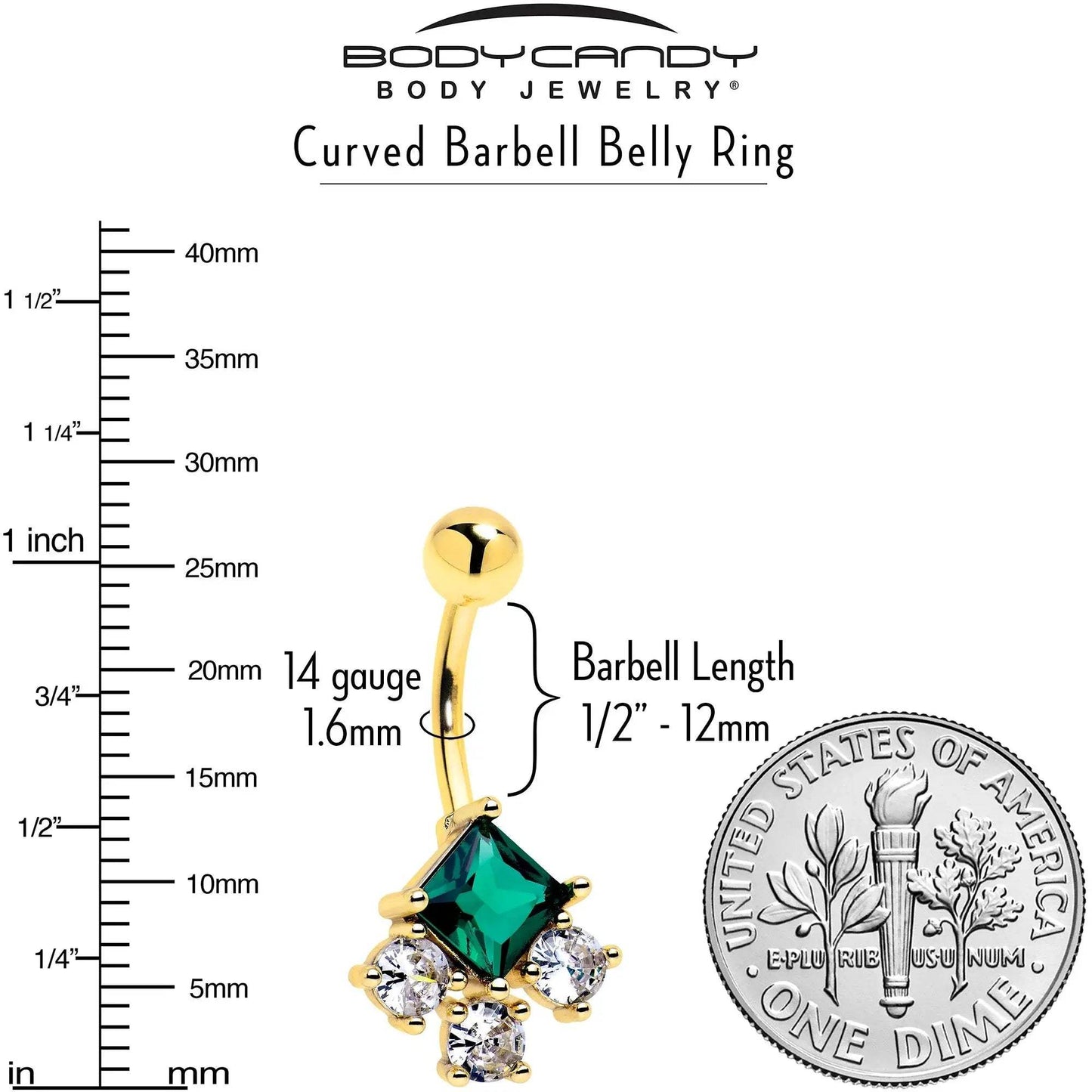 Green Clear CZ Gem Gold Tone Rhombus Riot Belly Ring - BodyCandy - Flyclothing LLC