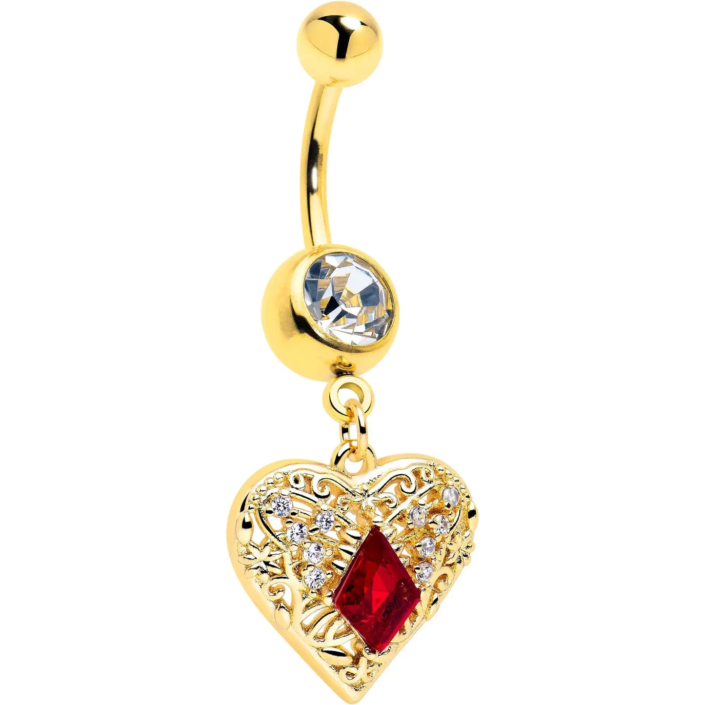 Red CZ Gem Gold Tone Heart Queen Dangle Belly Ring - BodyCandy - Flyclothing LLC
