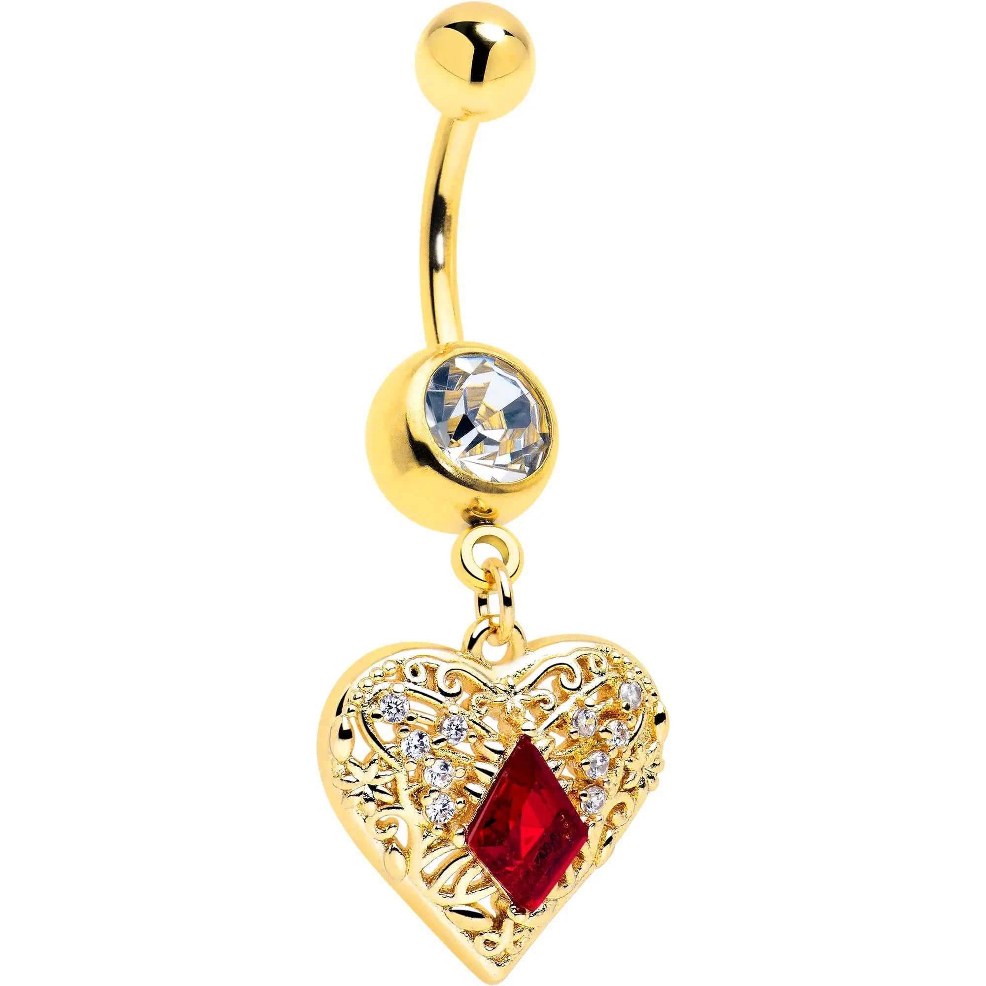 Red CZ Gem Gold Tone Heart Queen Dangle Belly Ring - BodyCandy - Flyclothing LLC