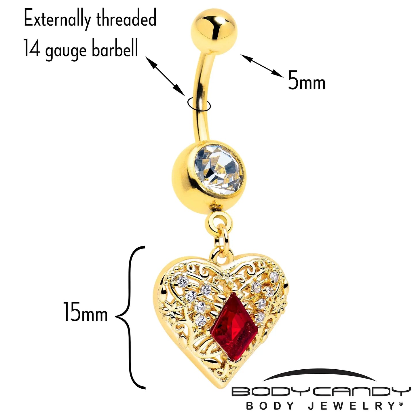 Red CZ Gem Gold Tone Heart Queen Dangle Belly Ring - BodyCandy - Flyclothing LLC