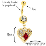 Red CZ Gem Gold Tone Heart Queen Dangle Belly Ring - BodyCandy - Flyclothing LLC
