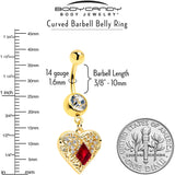 Red CZ Gem Gold Tone Heart Queen Dangle Belly Ring - BodyCandy - Flyclothing LLC