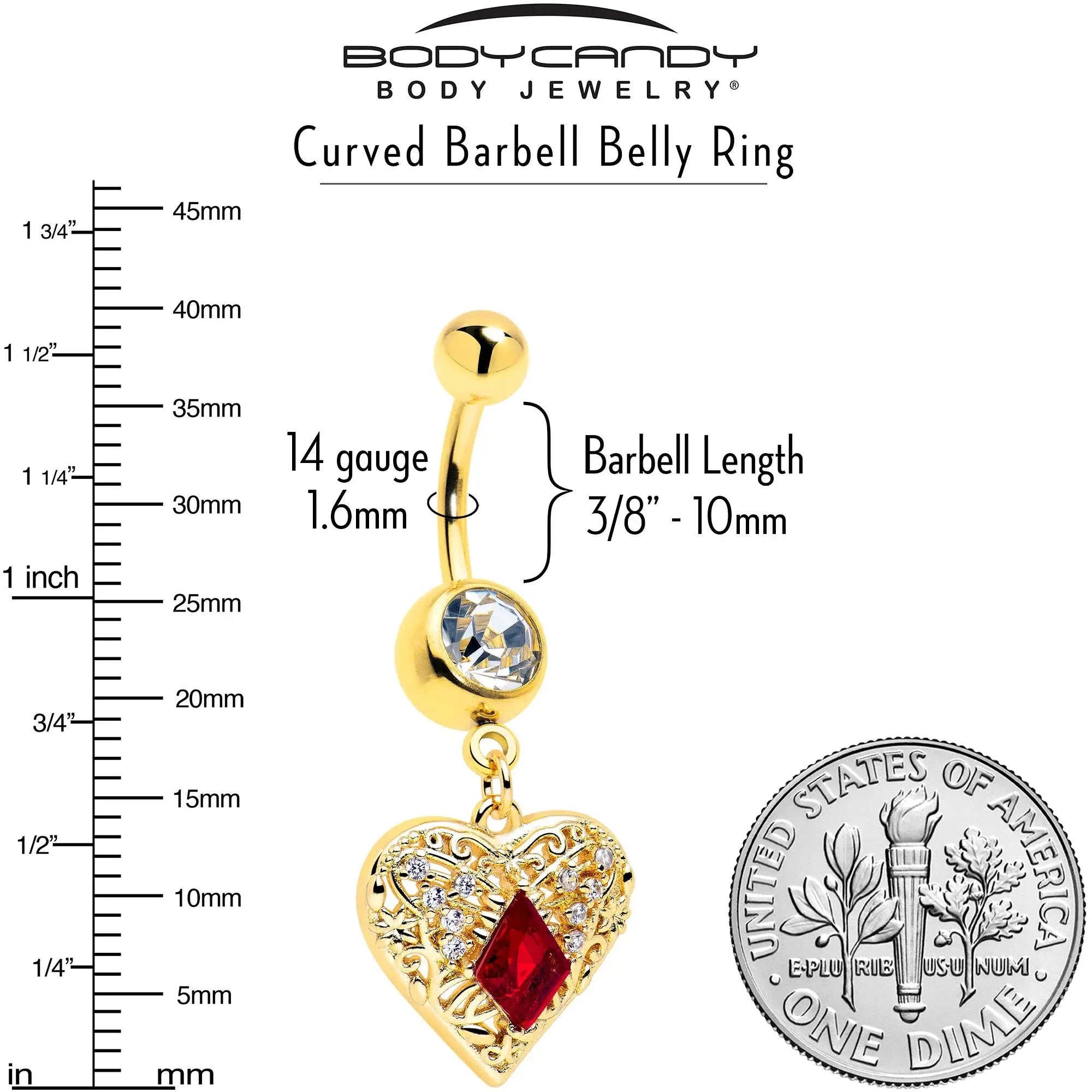 Red CZ Gem Gold Tone Heart Queen Dangle Belly Ring - BodyCandy - Flyclothing LLC