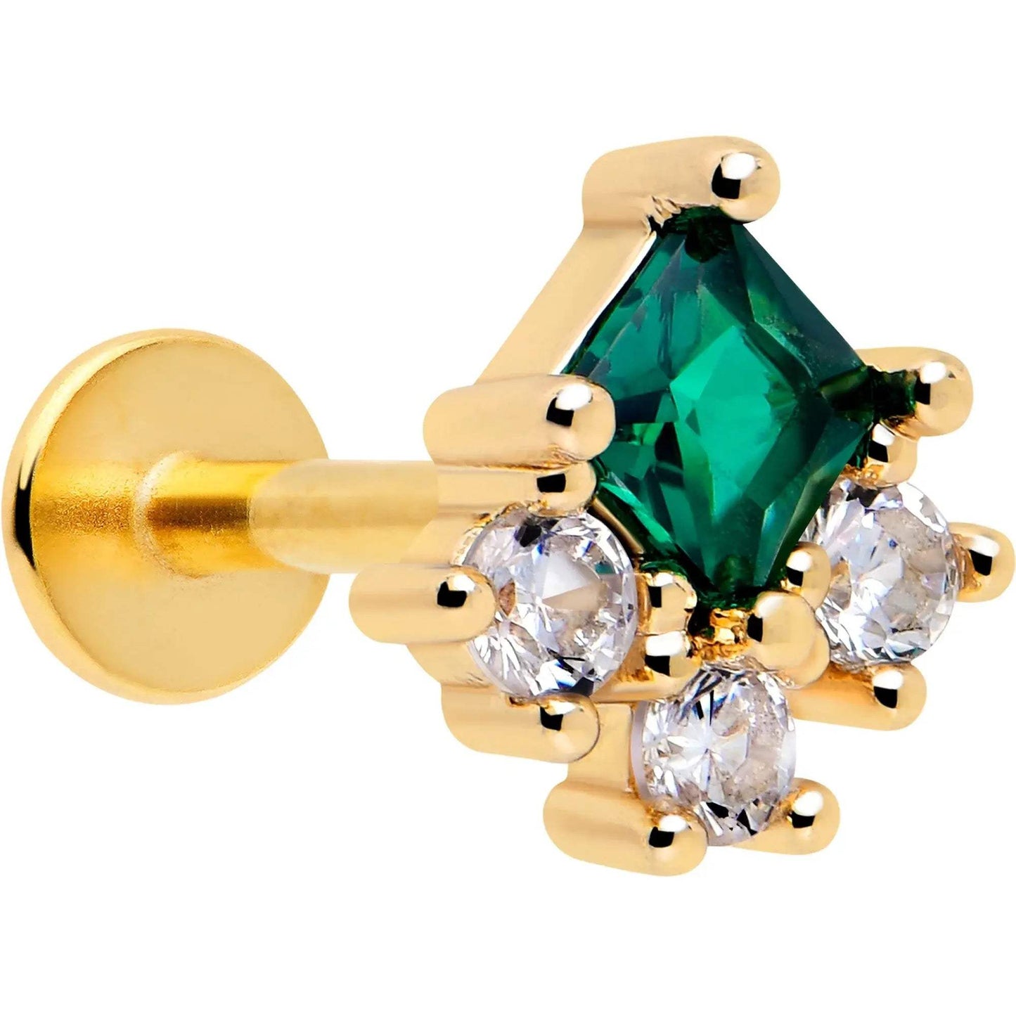 16G 1/4 Green Clear CZ Gem Gold Tone Rhombus Riot Flatback Stud - BodyCandy - Flyclothing LLC