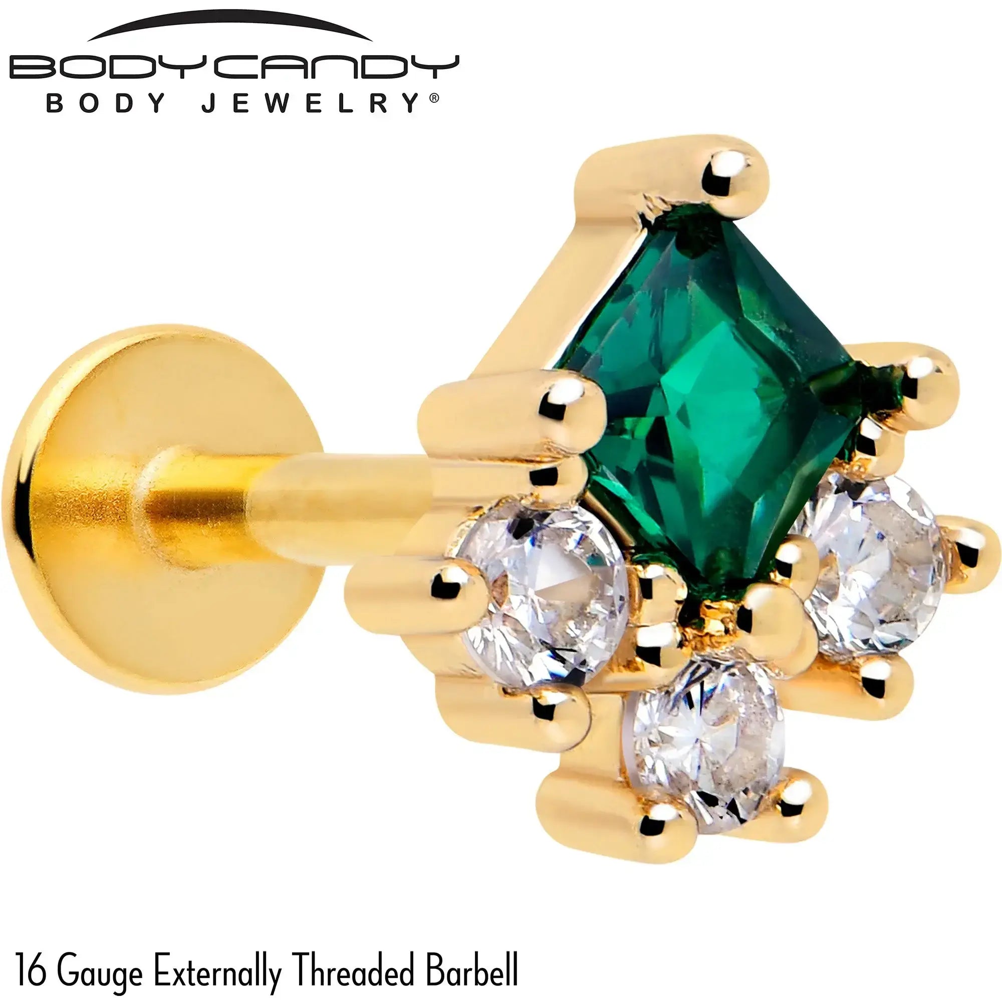 16G 1/4 Green Clear CZ Gem Gold Tone Rhombus Riot Flatback Stud - BodyCandy - Flyclothing LLC