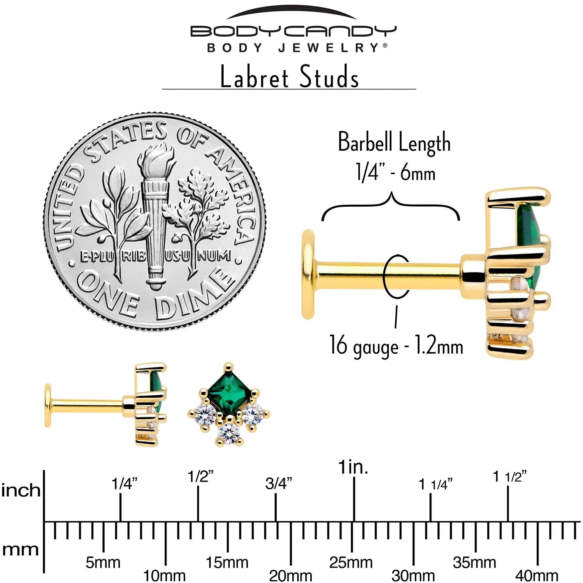 16G 1/4 Green Clear CZ Gem Gold Tone Rhombus Riot Flatback Stud - BodyCandy - Flyclothing LLC