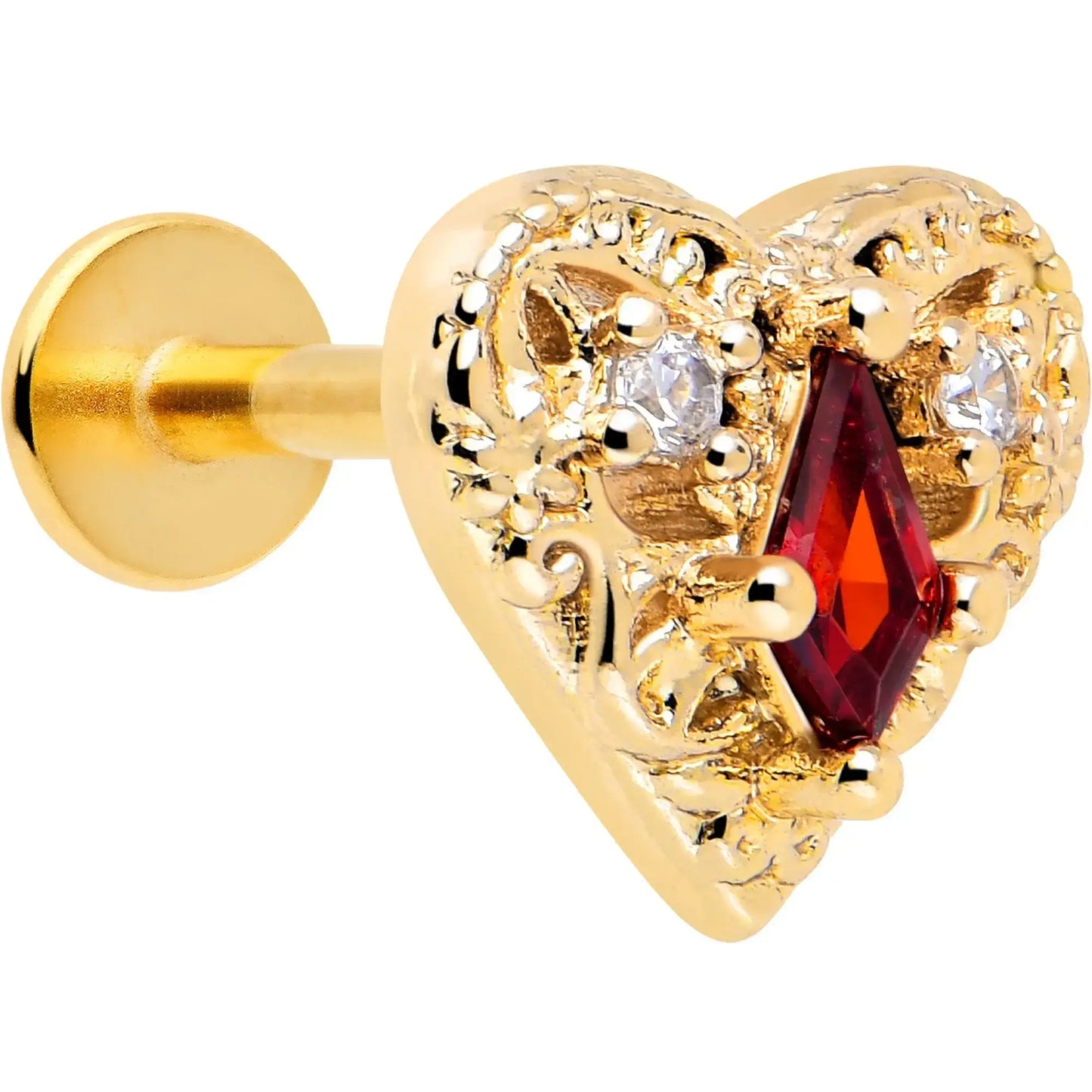16G 1/4 Red CZ Gem Gold Tone Heart Queen Flatback Stud - BodyCandy - Flyclothing LLC