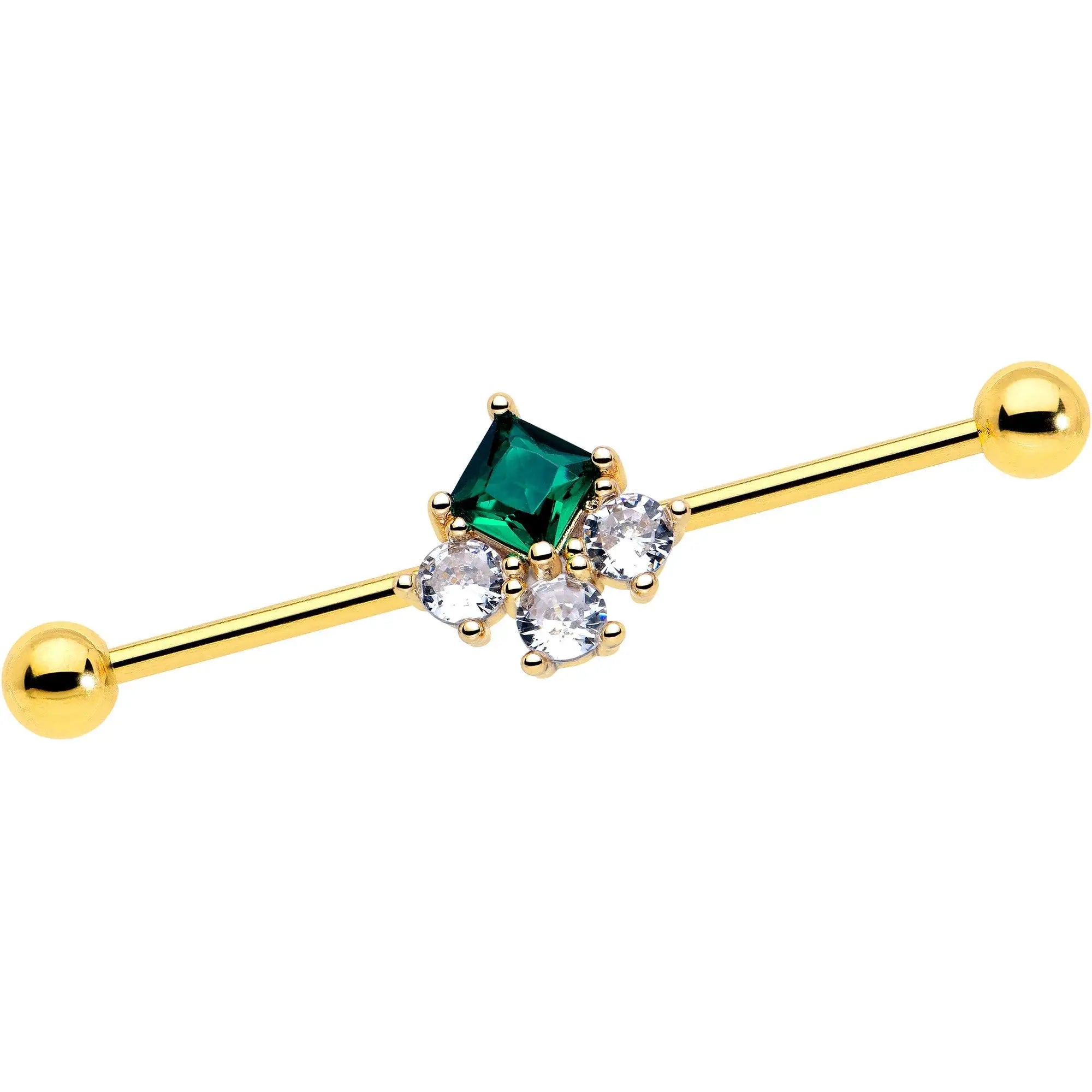 14G Green CZ Gem Gold Tone Rhombus Riot Industrial Barbell 38mm - BodyCandy - Flyclothing LLC