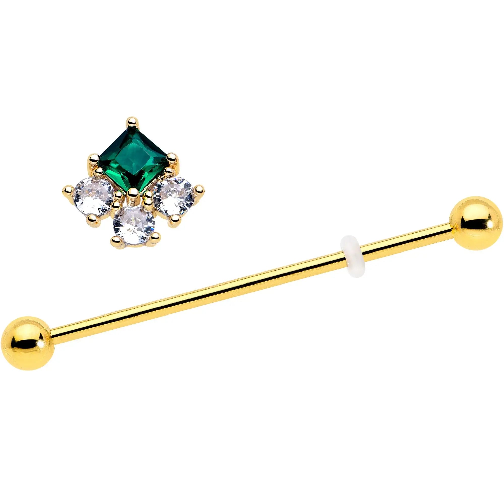 14G Green CZ Gem Gold Tone Rhombus Riot Industrial Barbell 38mm - BodyCandy - Flyclothing LLC