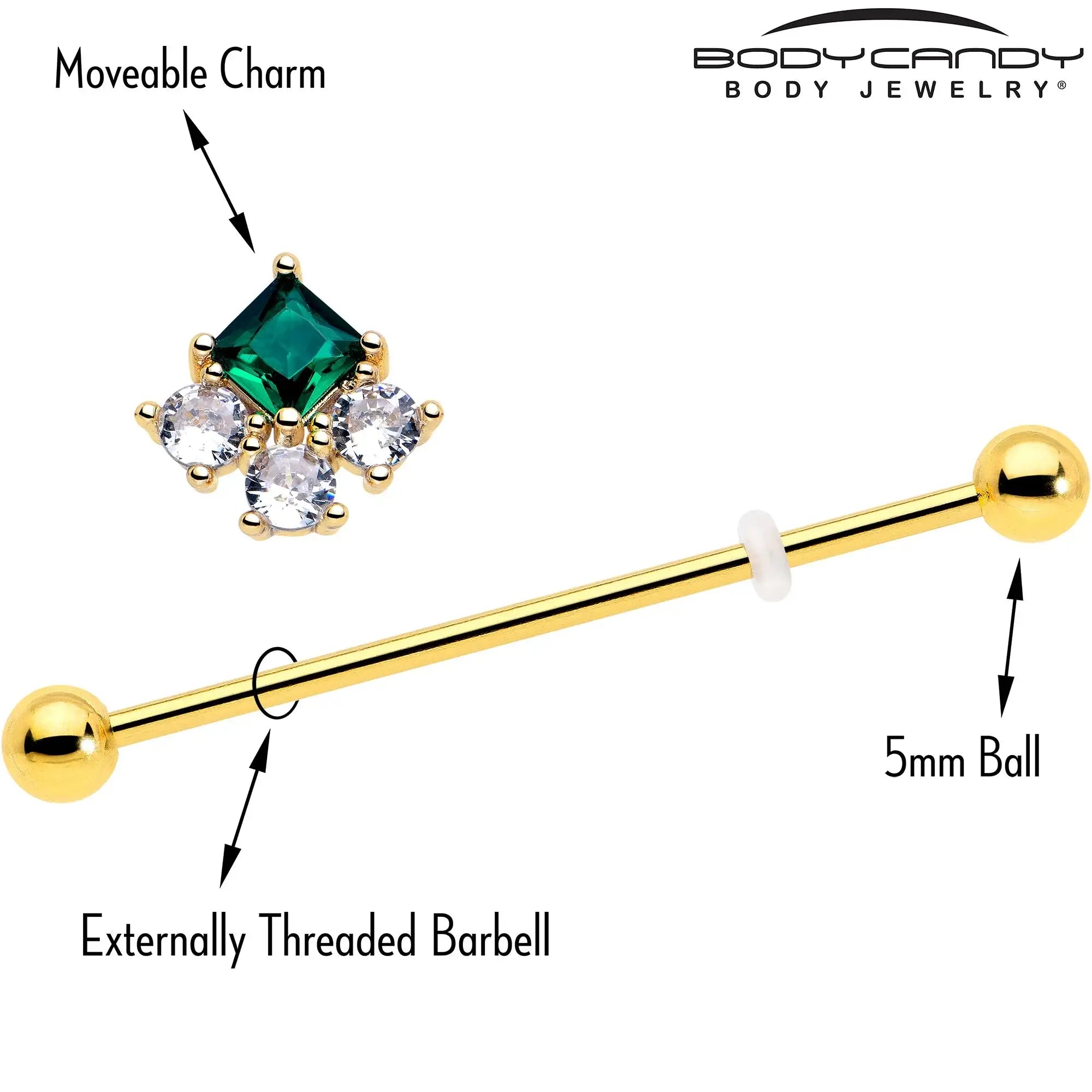 14G Green CZ Gem Gold Tone Rhombus Riot Industrial Barbell 38mm - BodyCandy - Flyclothing LLC