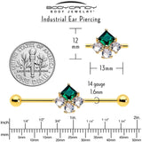 14G Green CZ Gem Gold Tone Rhombus Riot Industrial Barbell 38mm - BodyCandy - Flyclothing LLC