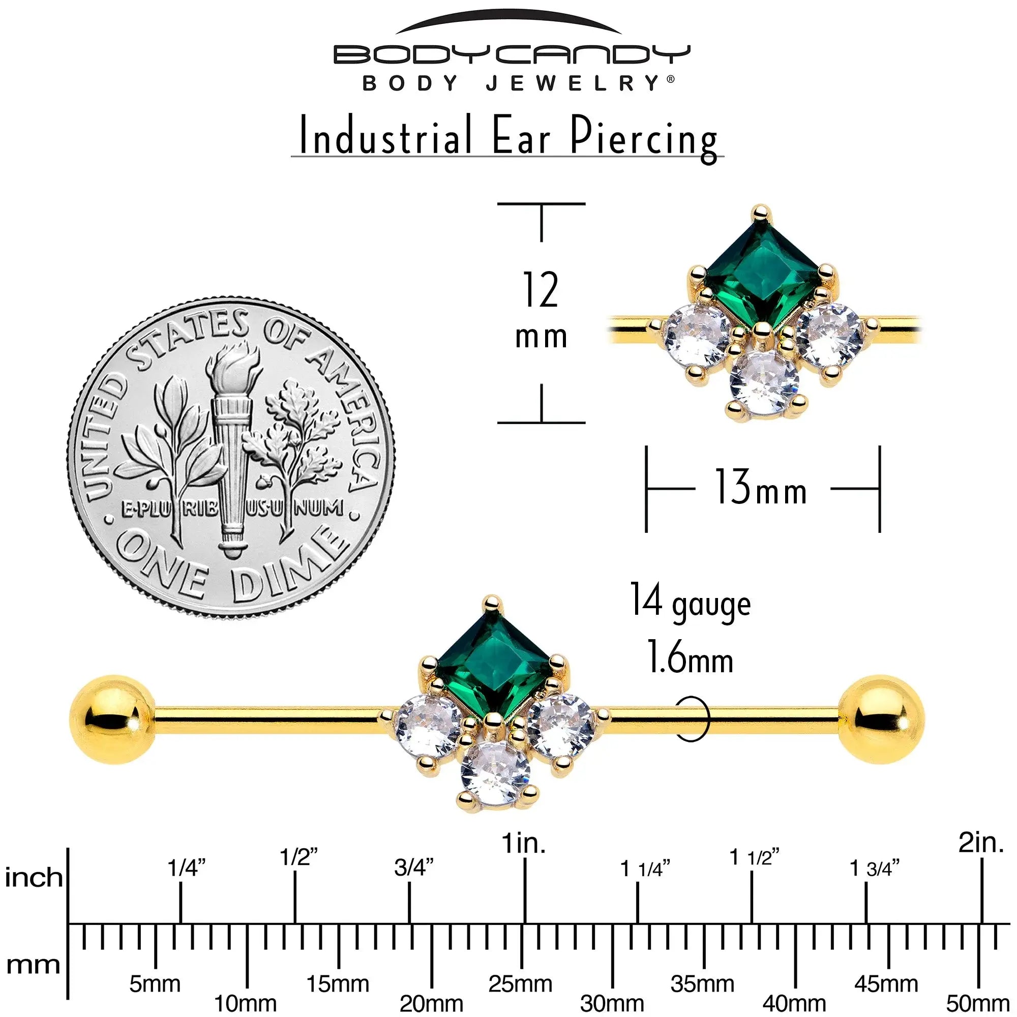 14G Green CZ Gem Gold Tone Rhombus Riot Industrial Barbell 38mm - BodyCandy - Flyclothing LLC