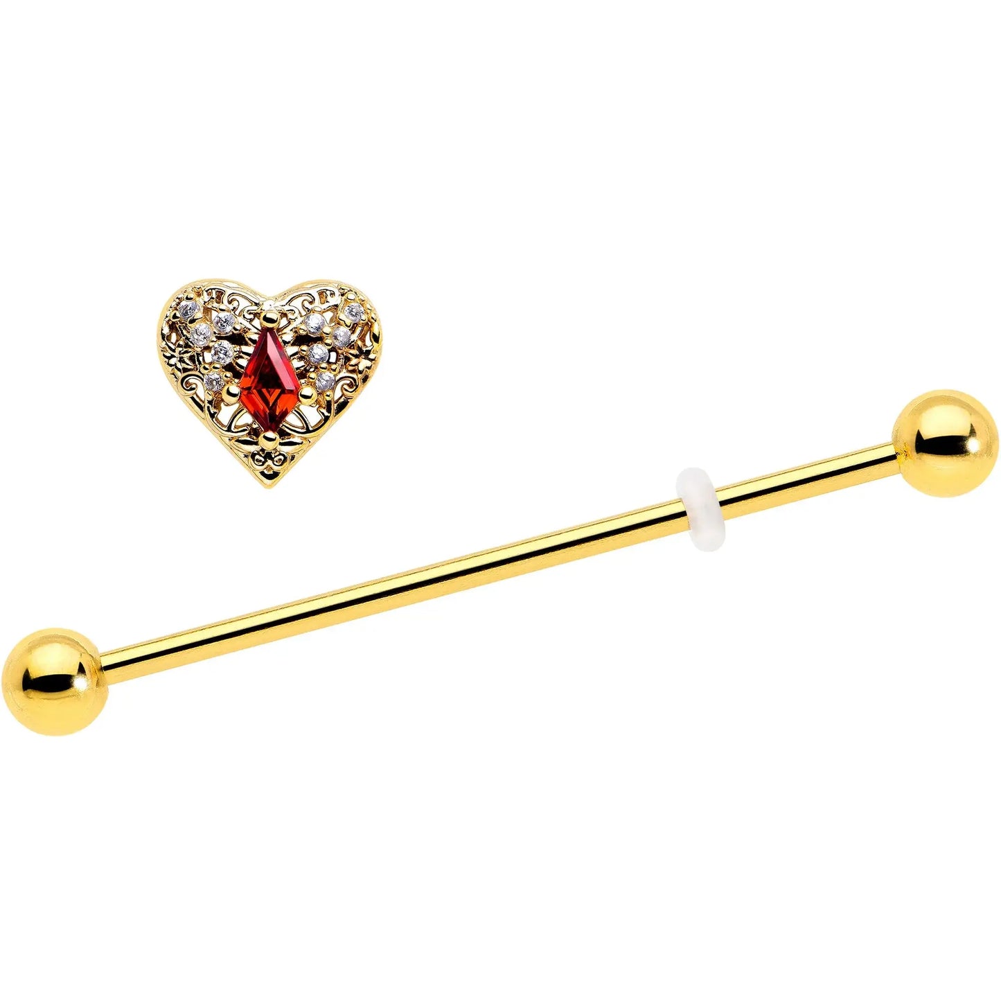 14G Red CZ Gem Gold Tone Heart Queen Industrial Barbell 38mm - BodyCandy - Flyclothing LLC