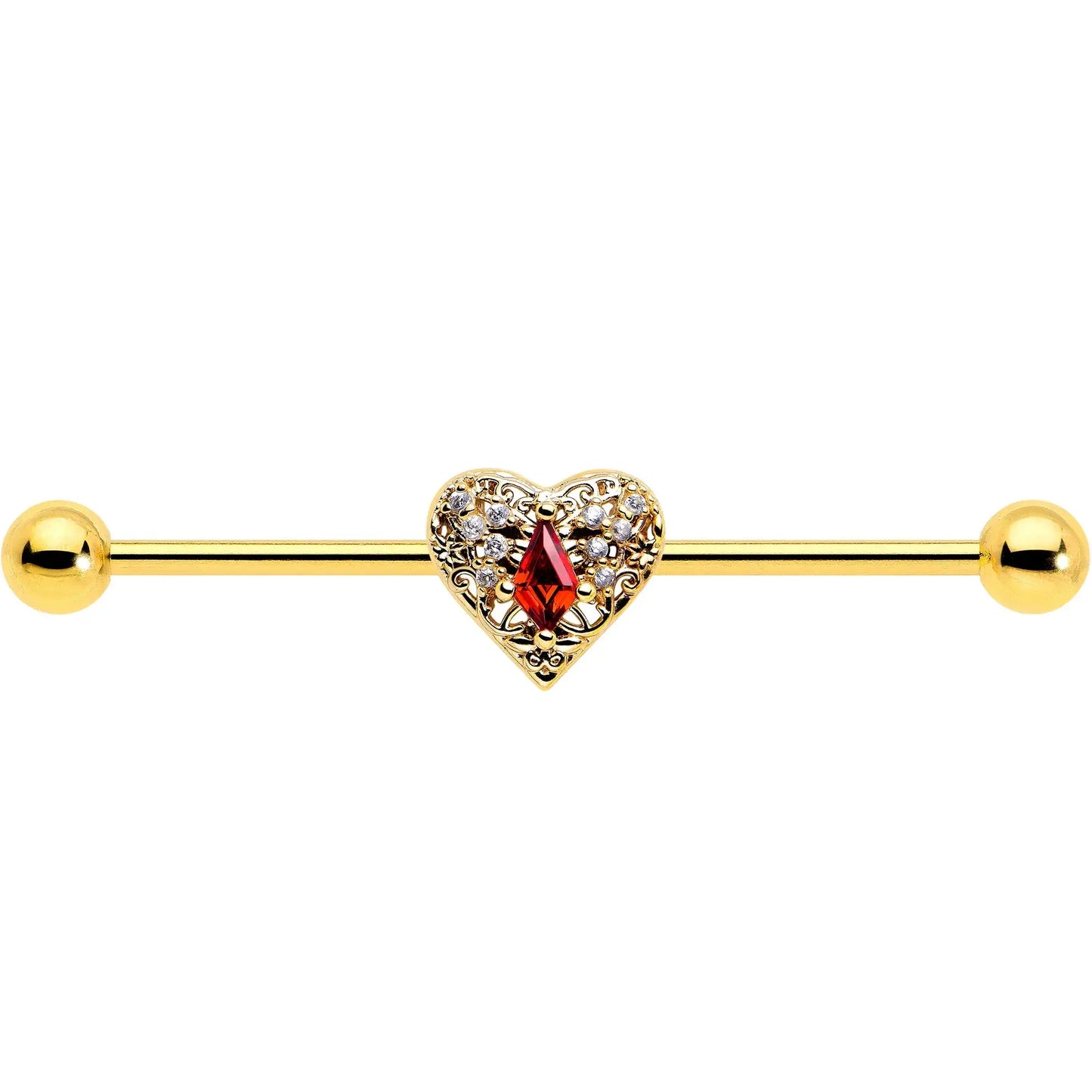 14G Red CZ Gem Gold Tone Heart Queen Industrial Barbell 38mm - BodyCandy - Flyclothing LLC