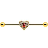14G Red CZ Gem Gold Tone Heart Queen Industrial Barbell 38mm - BodyCandy - Flyclothing LLC