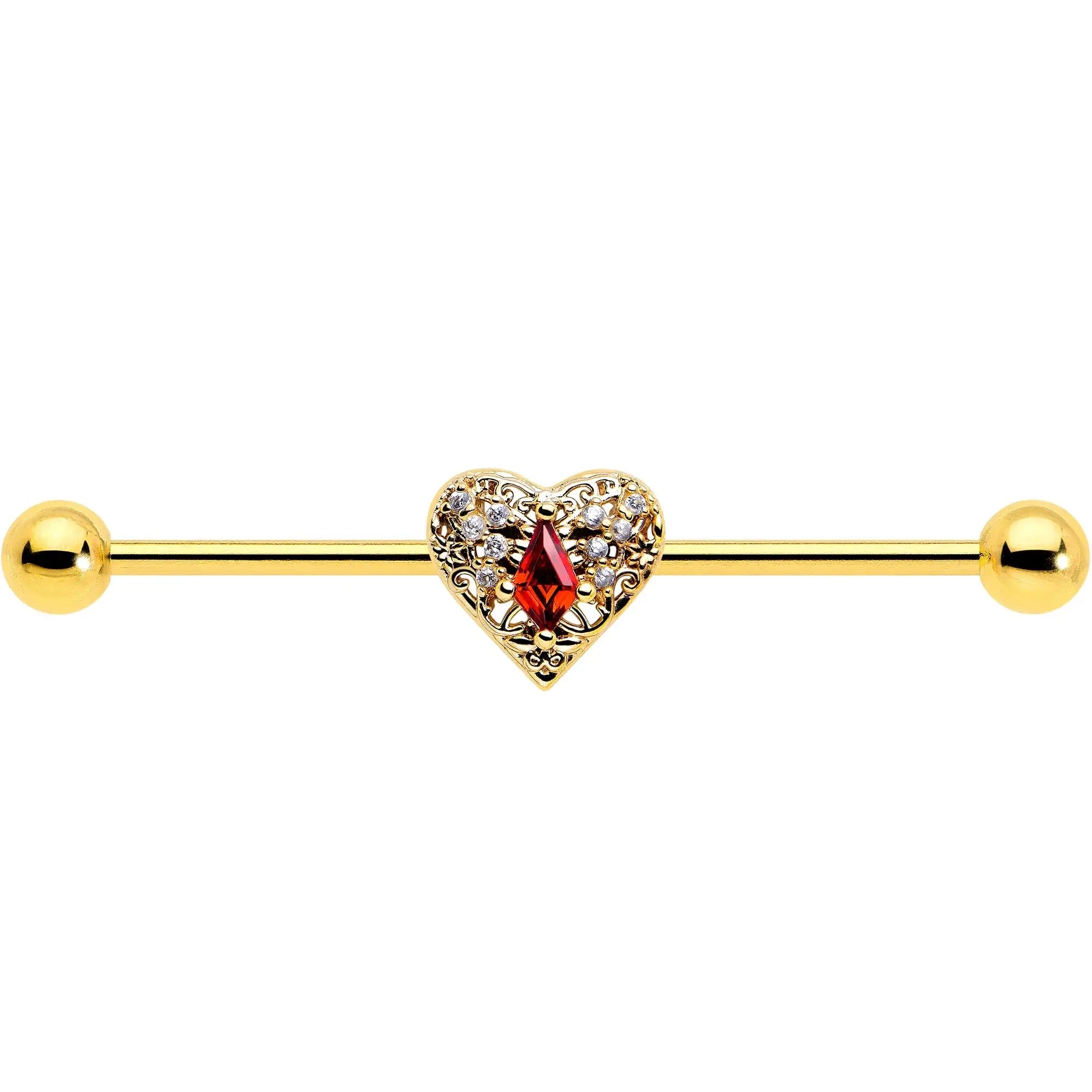 14G Red CZ Gem Gold Tone Heart Queen Industrial Barbell 38mm - BodyCandy - Flyclothing LLC