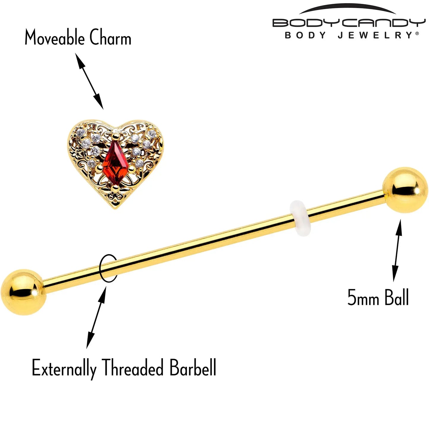 14G Red CZ Gem Gold Tone Heart Queen Industrial Barbell 38mm - BodyCandy - Flyclothing LLC