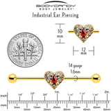 14G Red CZ Gem Gold Tone Heart Queen Industrial Barbell 38mm - BodyCandy - Flyclothing LLC