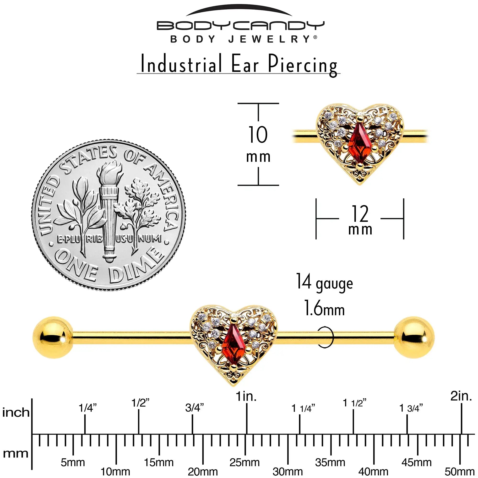 14G Red CZ Gem Gold Tone Heart Queen Industrial Barbell 38mm - BodyCandy - Flyclothing LLC
