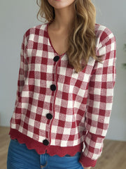 Plaid V-Neck Button Up Cardigan - Trendsi