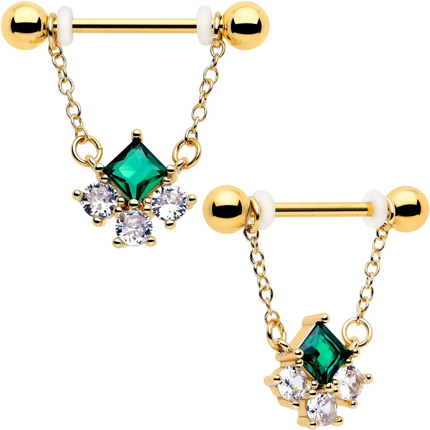 14G 9/16 Green CZ Gem Gold Tone Rhombus Riot Dangle Nipple Ring Set - BodyCandy - Flyclothing LLC