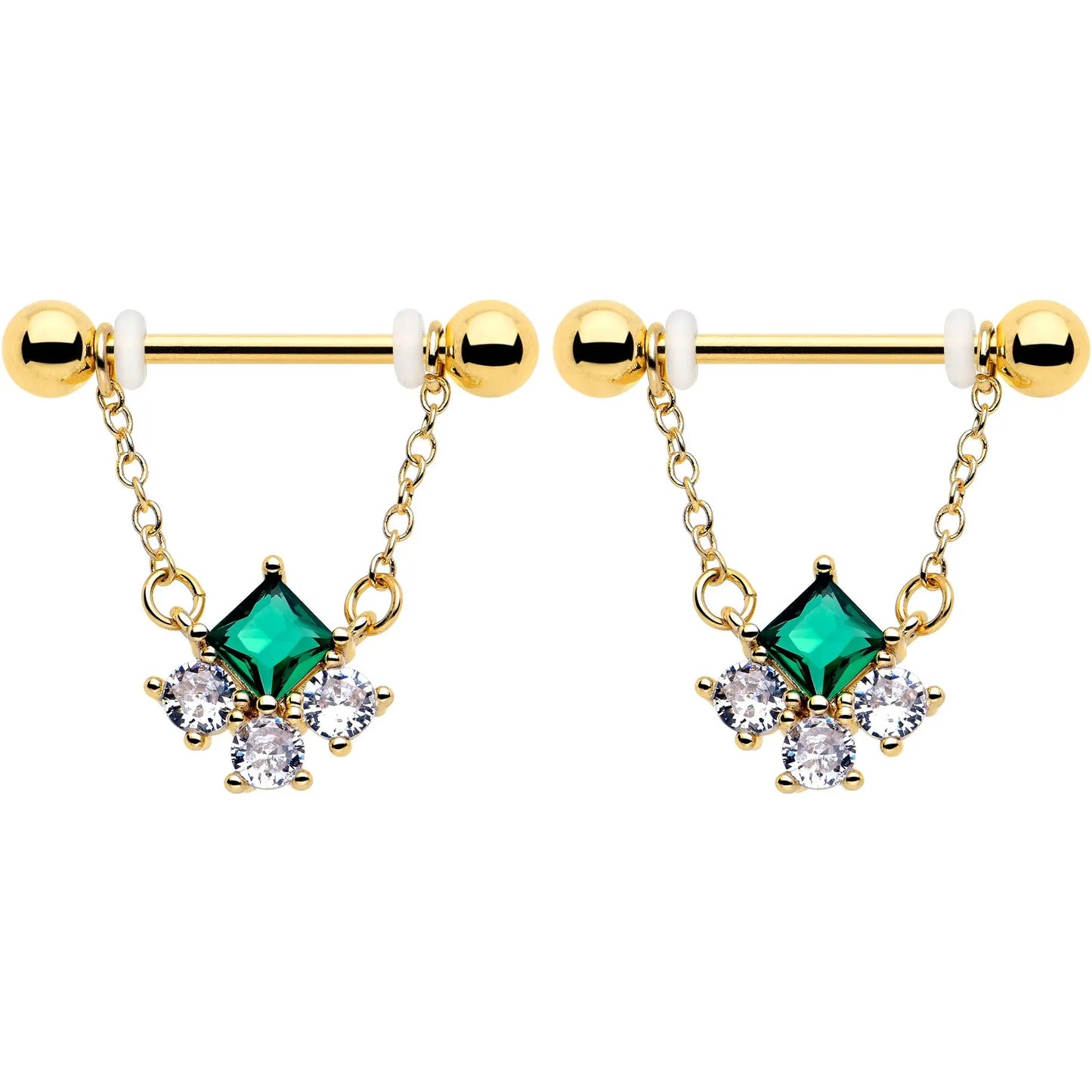 14G 9/16 Green CZ Gem Gold Tone Rhombus Riot Dangle Nipple Ring Set - BodyCandy - Flyclothing LLC