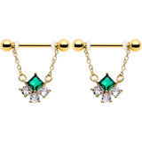 14G 9/16 Green CZ Gem Gold Tone Rhombus Riot Dangle Nipple Ring Set - BodyCandy - Flyclothing LLC