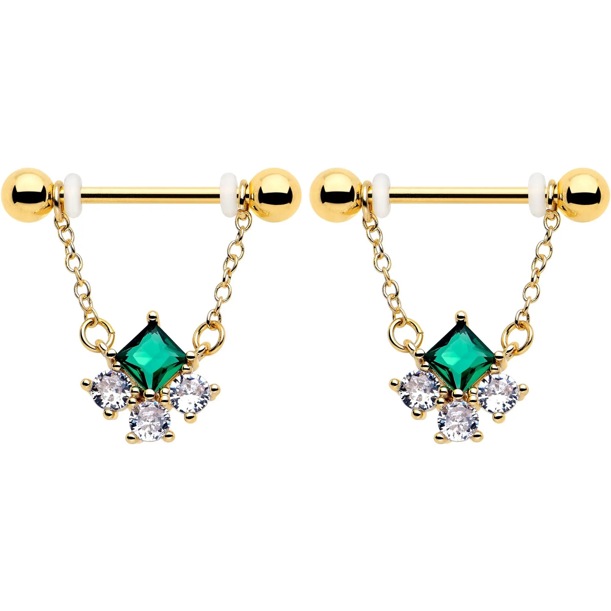 14G 9/16 Green CZ Gem Gold Tone Rhombus Riot Dangle Nipple Ring Set - BodyCandy - Flyclothing LLC
