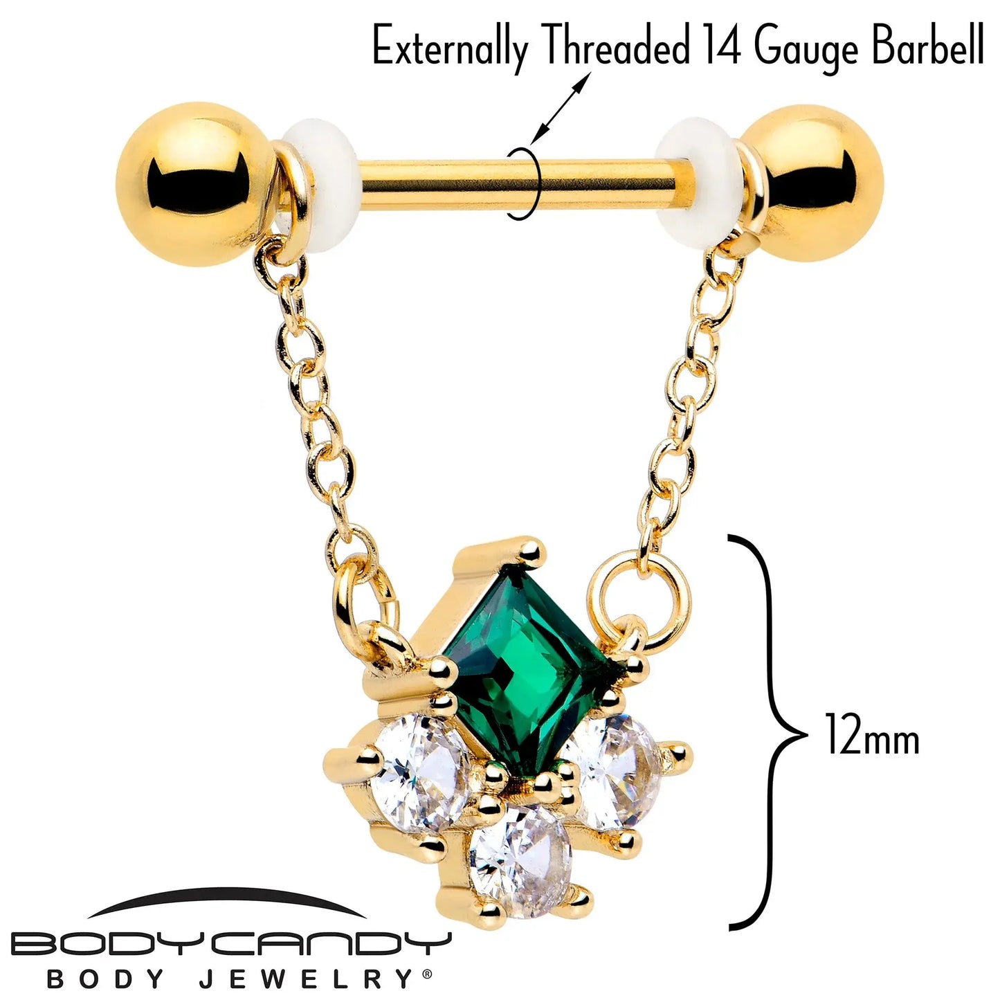 14G 9/16 Green CZ Gem Gold Tone Rhombus Riot Dangle Nipple Ring Set - BodyCandy - Flyclothing LLC