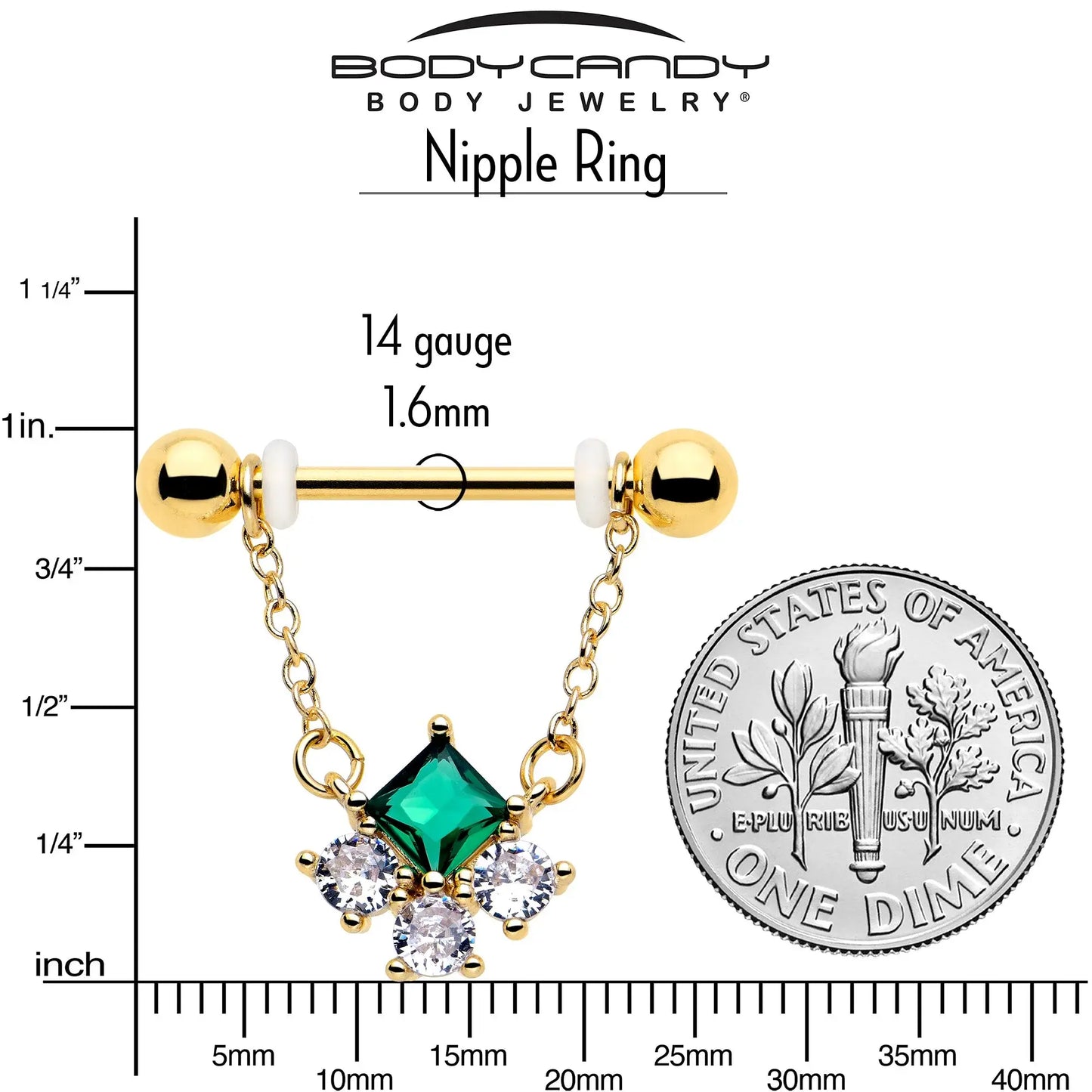 14G 9/16 Green CZ Gem Gold Tone Rhombus Riot Dangle Nipple Ring Set - BodyCandy - Flyclothing LLC