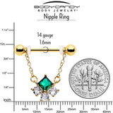 14G 9/16 Green CZ Gem Gold Tone Rhombus Riot Dangle Nipple Ring Set - BodyCandy - Flyclothing LLC