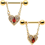 14G 9/16 Red CZ Gem Gold Tone Heart Queen Dangle Nipple Ring Set - BodyCandy - Flyclothing LLC