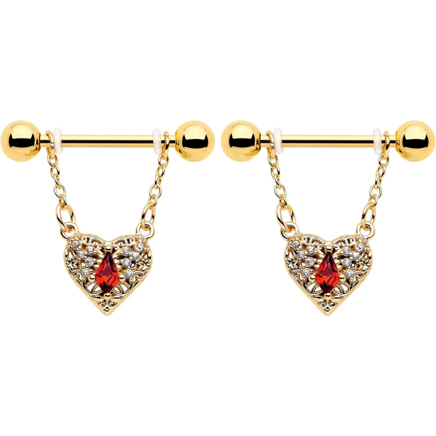 14G 9/16 Red CZ Gem Gold Tone Heart Queen Dangle Nipple Ring Set - BodyCandy - Flyclothing LLC