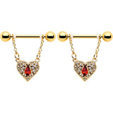 14G 9/16 Red CZ Gem Gold Tone Heart Queen Dangle Nipple Ring Set - BodyCandy - Flyclothing LLC