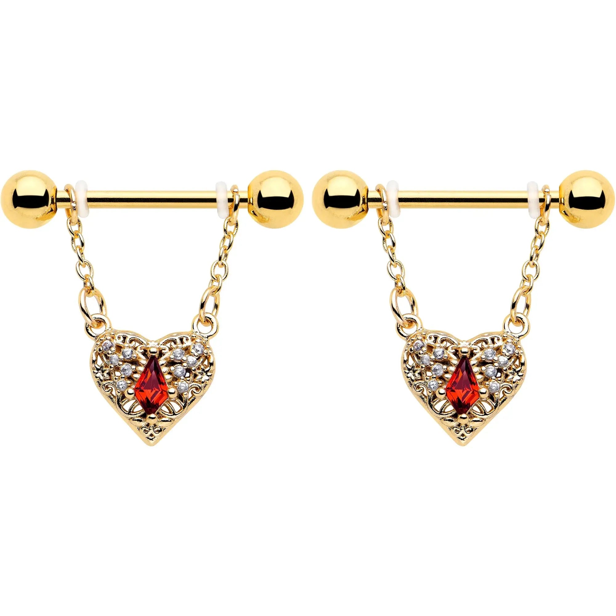 14G 9/16 Red CZ Gem Gold Tone Heart Queen Dangle Nipple Ring Set - BodyCandy - Flyclothing LLC