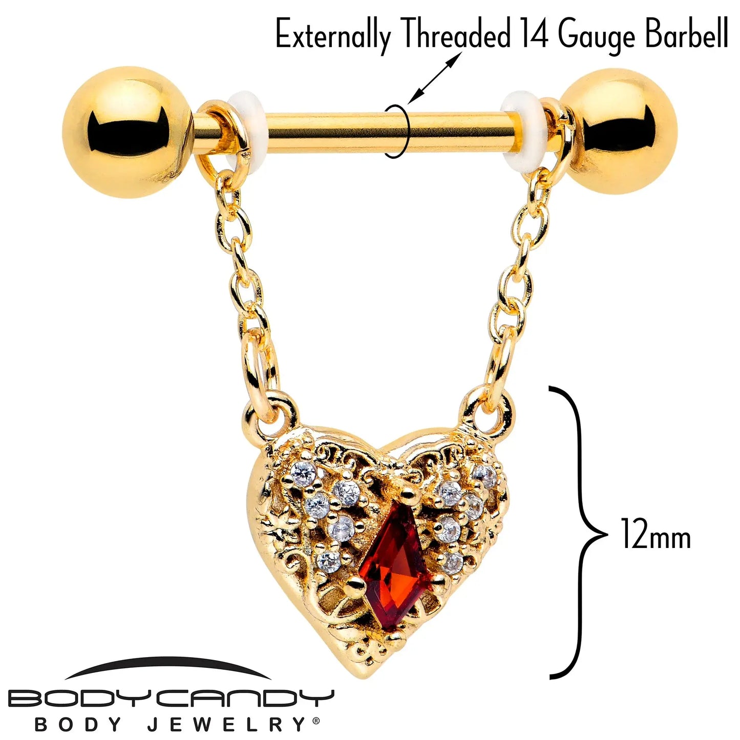 14G 9/16 Red CZ Gem Gold Tone Heart Queen Dangle Nipple Ring Set - BodyCandy - Flyclothing LLC