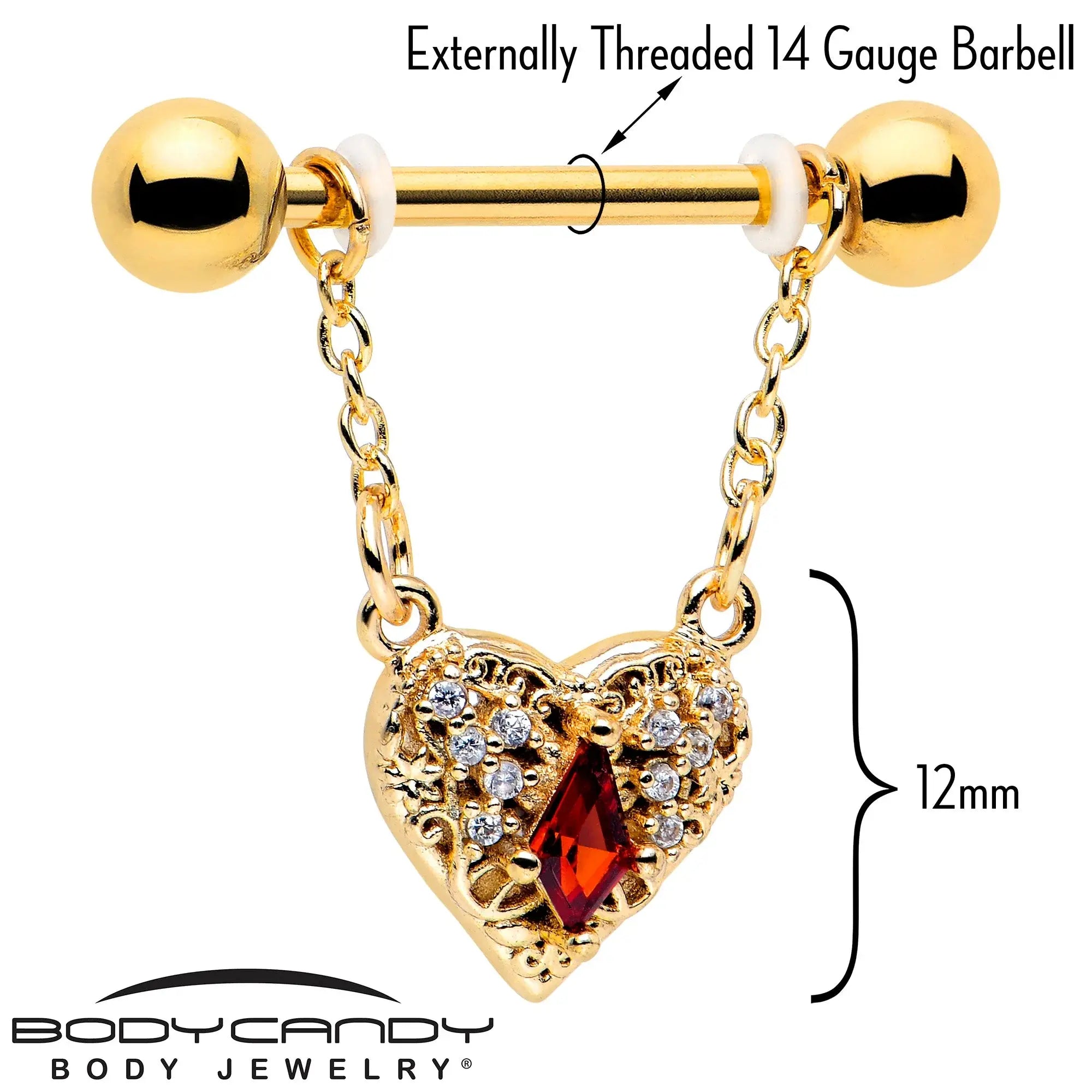 14G 9/16 Red CZ Gem Gold Tone Heart Queen Dangle Nipple Ring Set - BodyCandy - Flyclothing LLC