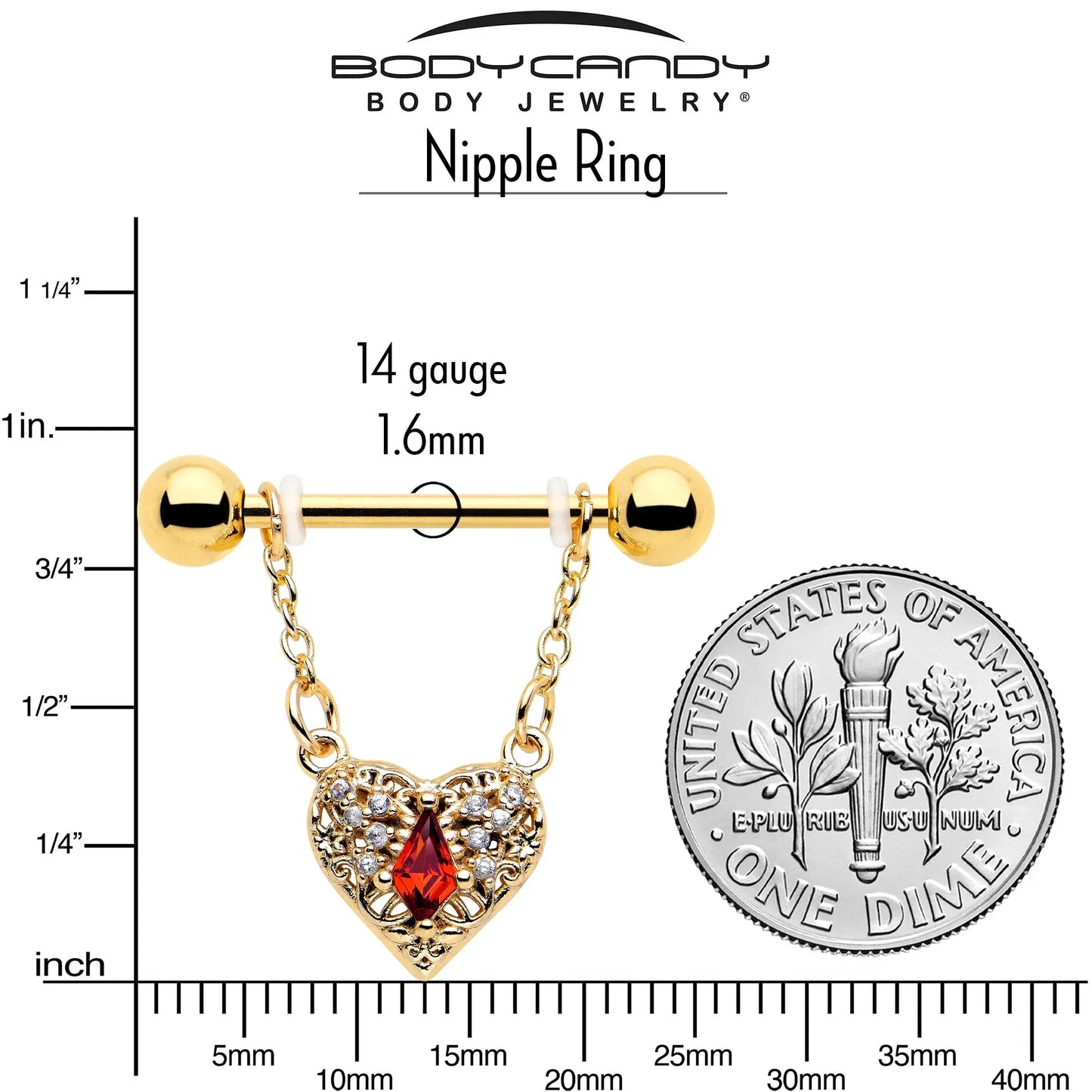 14G 9/16 Red CZ Gem Gold Tone Heart Queen Dangle Nipple Ring Set - BodyCandy - Flyclothing LLC