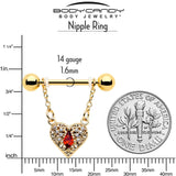 14G 9/16 Red CZ Gem Gold Tone Heart Queen Dangle Nipple Ring Set - BodyCandy - Flyclothing LLC