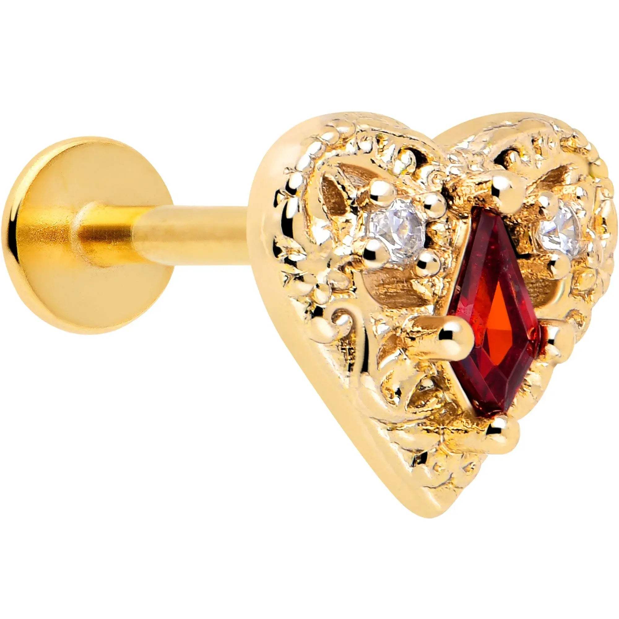 16G 5/16 Red CZ Gem Gold Tone Heart Queen Flatback Stud - BodyCandy - Flyclothing LLC
