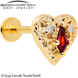 16G 5/16 Red CZ Gem Gold Tone Heart Queen Flatback Stud - BodyCandy - Flyclothing LLC