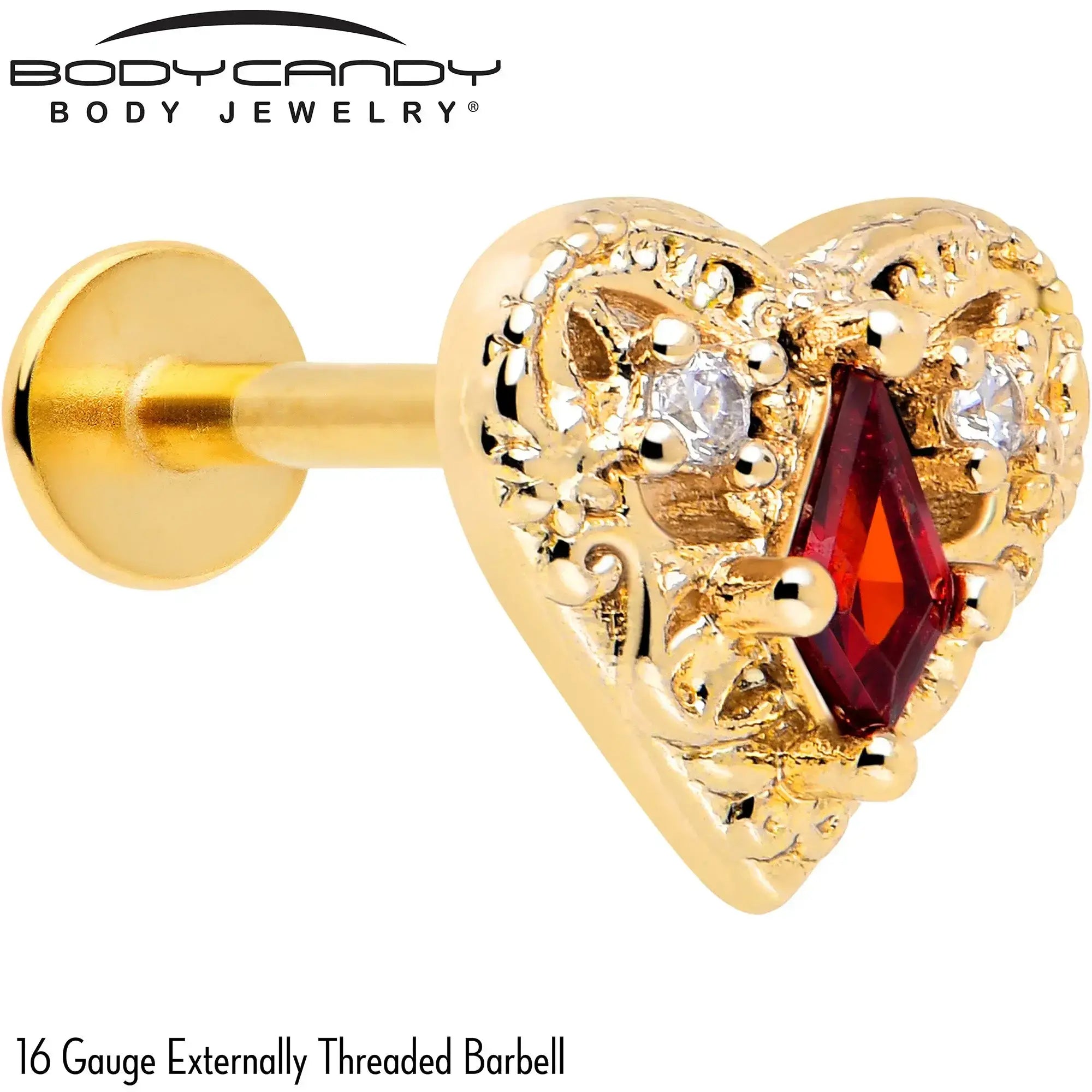 16G 5/16 Red CZ Gem Gold Tone Heart Queen Flatback Stud - BodyCandy - Flyclothing LLC