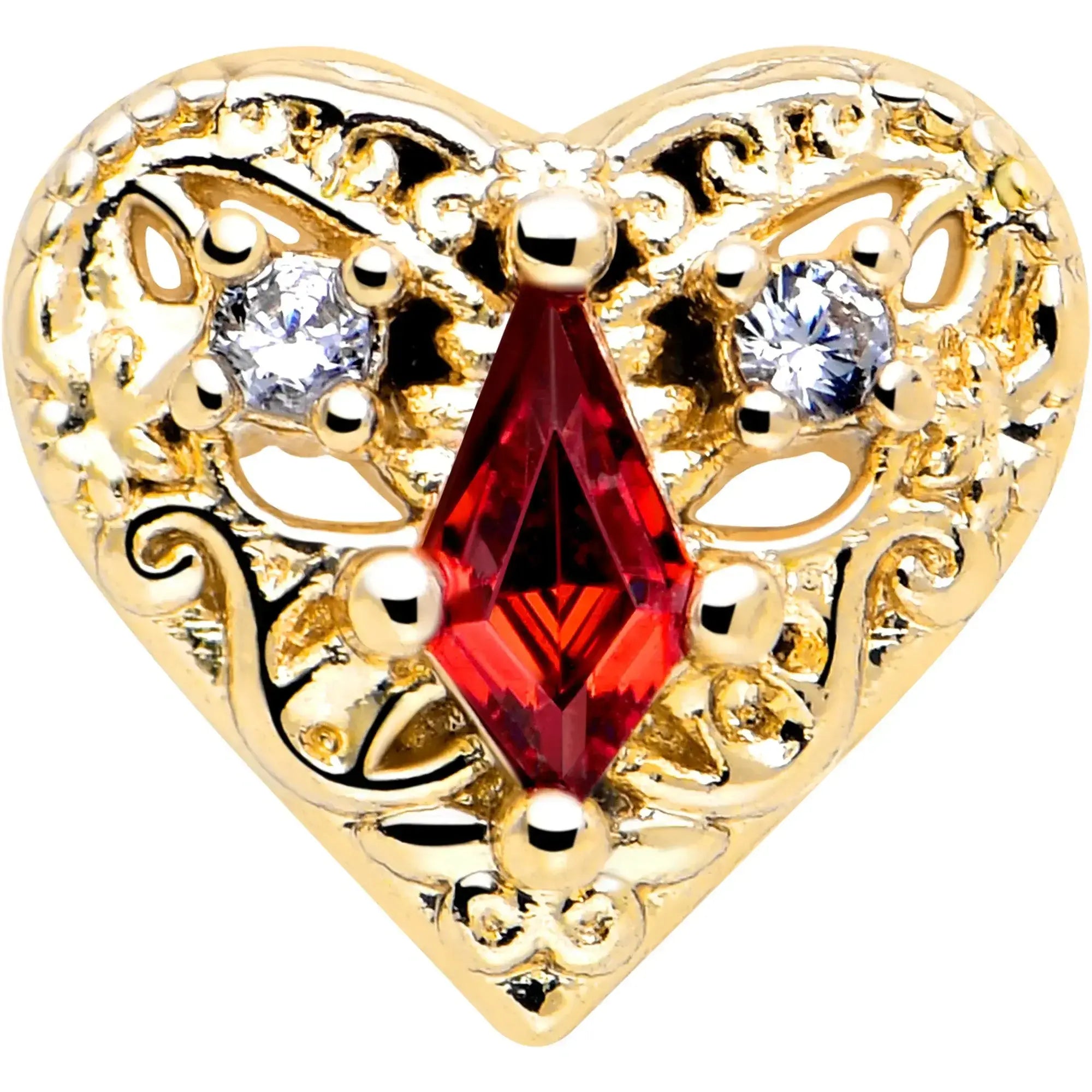 16G 5/16 Red CZ Gem Gold Tone Heart Queen Flatback Stud - BodyCandy - Flyclothing LLC
