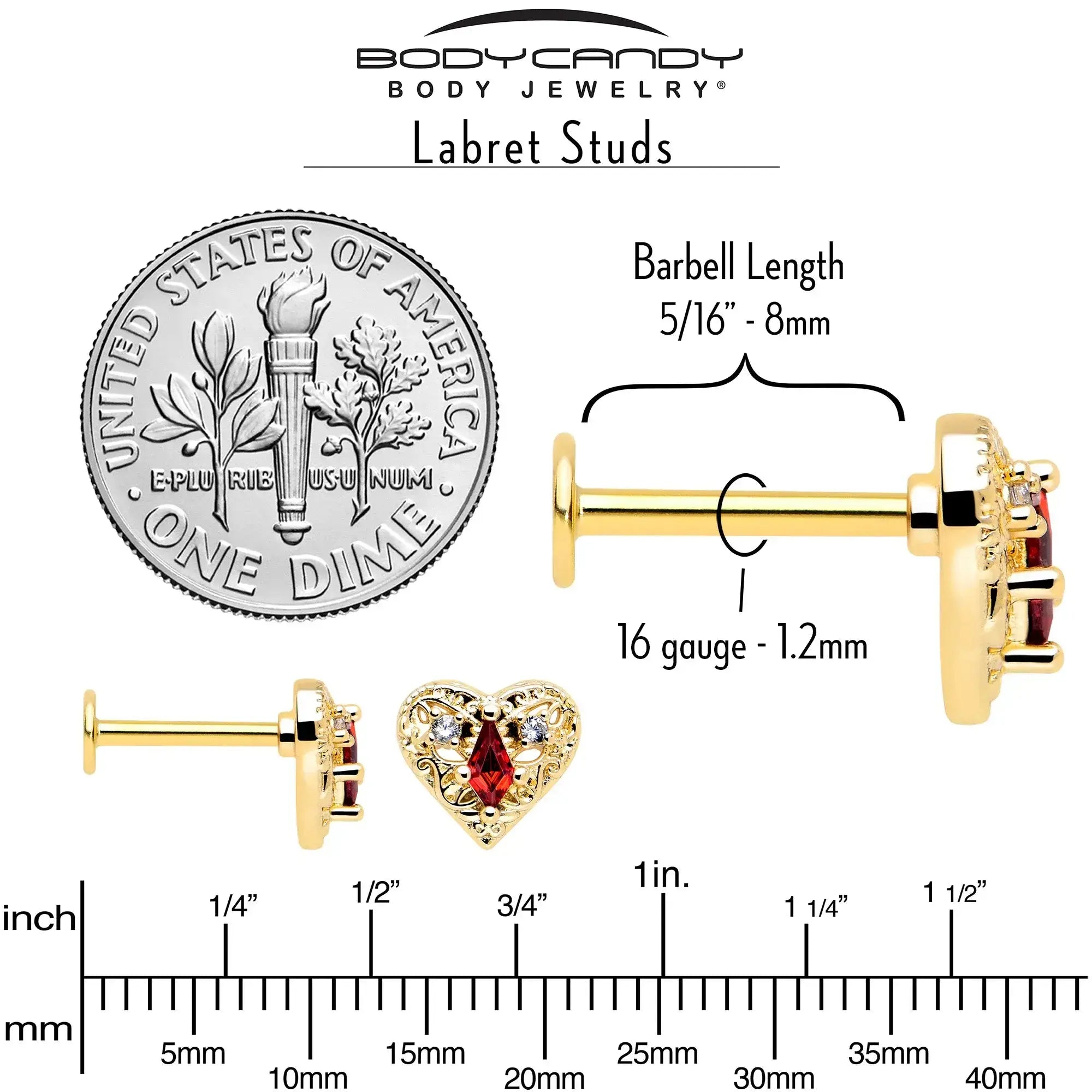 16G 5/16 Red CZ Gem Gold Tone Heart Queen Flatback Stud - BodyCandy - Flyclothing LLC