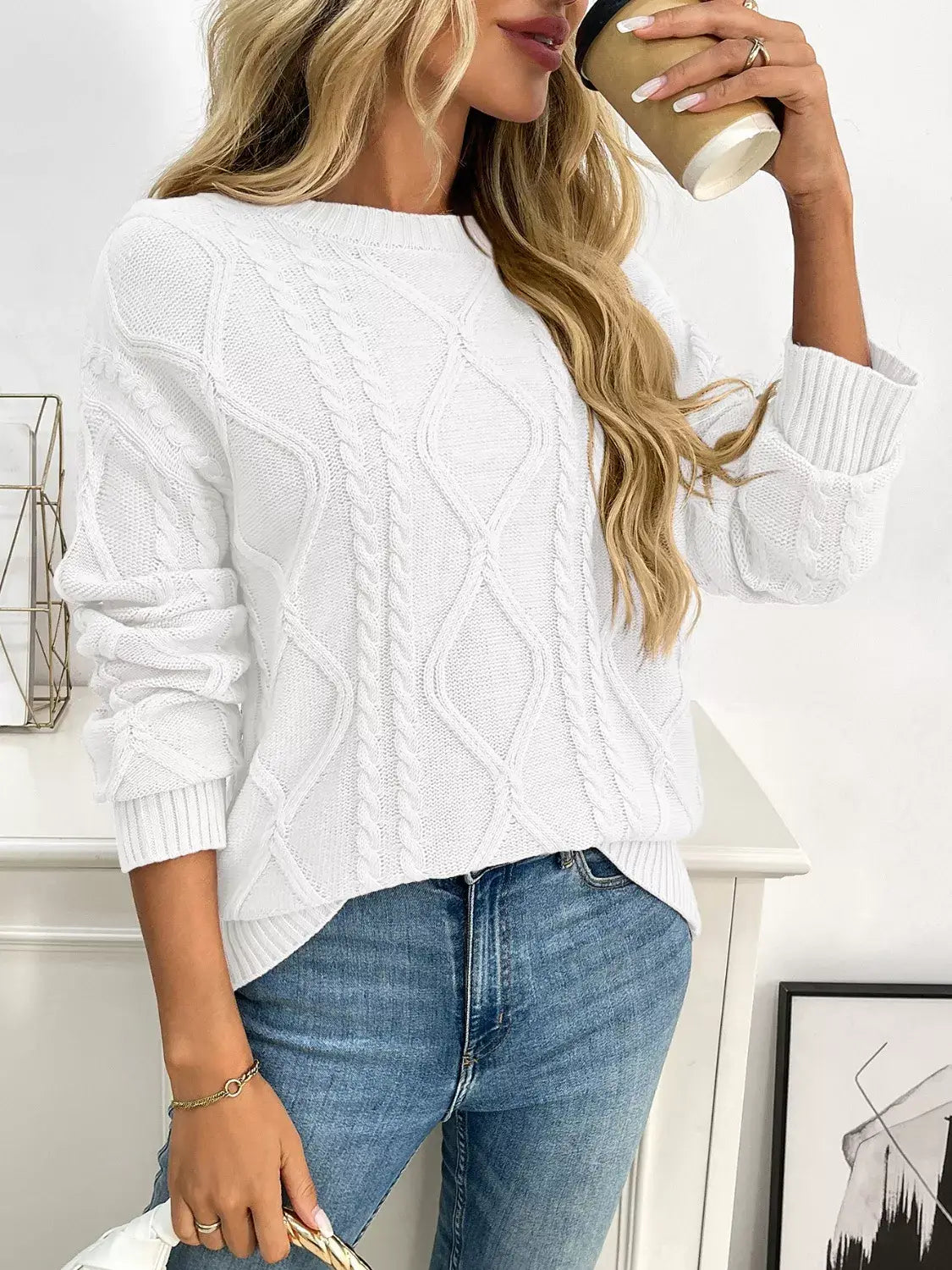 Cable Knit Round Neck Sweater - Trendsi - Flyclothing LLC