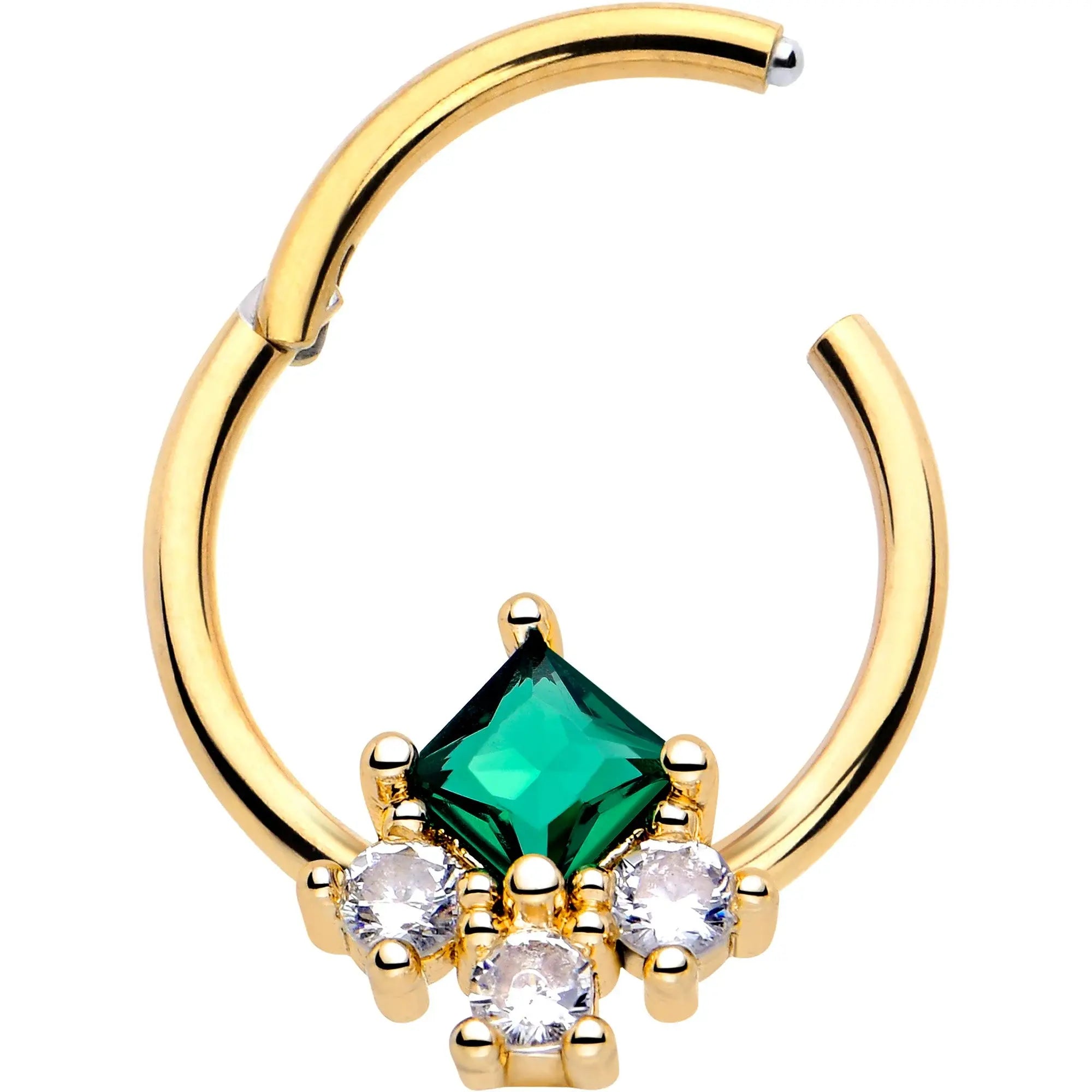 16G 3/8 Green CZ Gem Gold Tone Rhombus Riot Hinged Segment Ring - BodyCandy - Flyclothing LLC