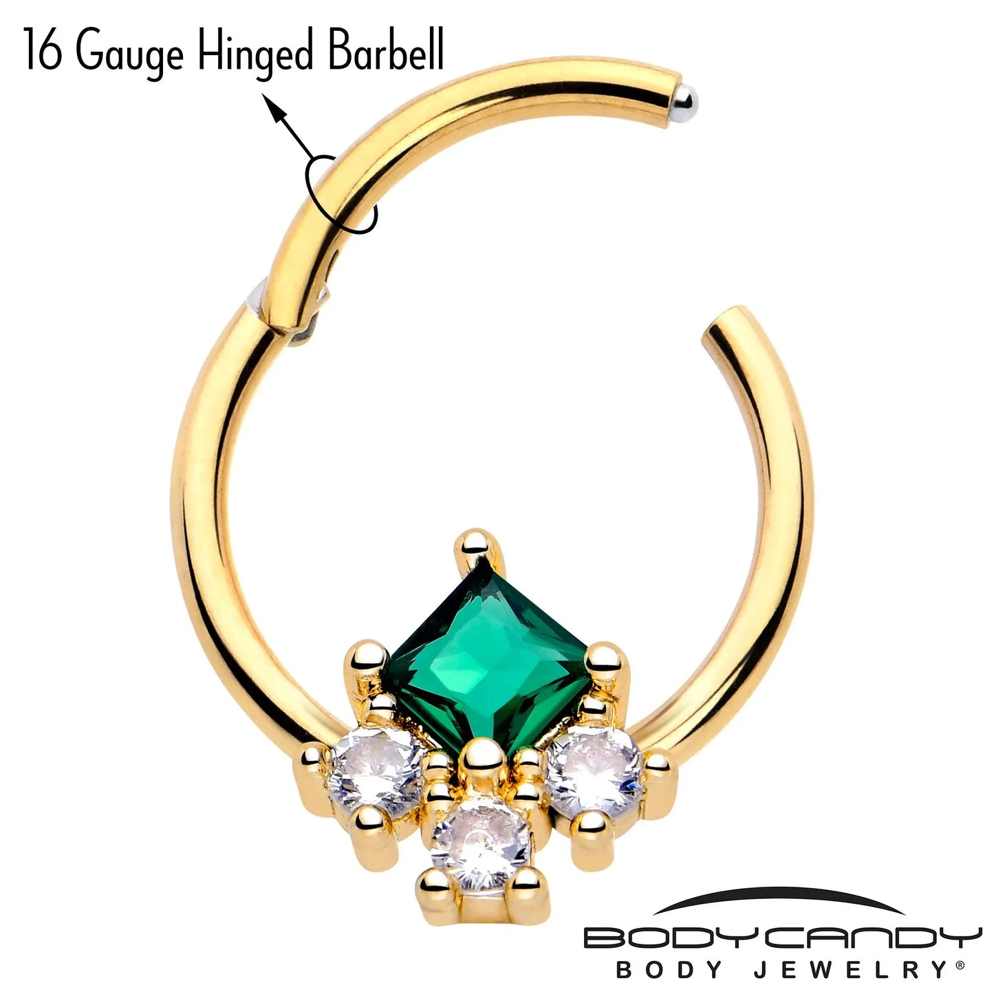 16G 3/8 Green CZ Gem Gold Tone Rhombus Riot Hinged Segment Ring - BodyCandy - Flyclothing LLC